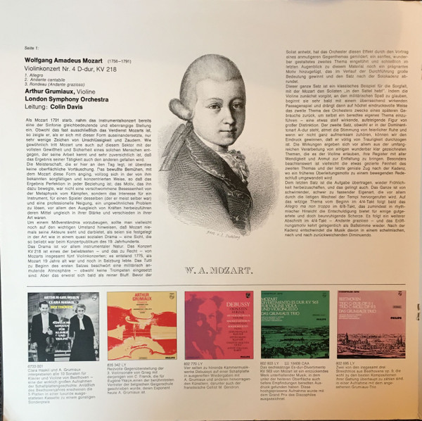 Cover zu Arthur Grumiaux, Wolfgang Amadeus Mozart / Joseph Haydn / Johann Sebastian Bach - Künstler von Weltrang Arthur Grumiaux; Mozart Violinkonzert Nr.4 D-dur / Haydn Violinkonzert Nr.2 G-Dur / Bach Sonate Nr 2, BWV 1015 | 1969 | Vinyl | Classical | Germany