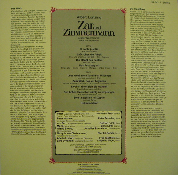 Cover zu Albert Lortzing, Annelies Burmeister, Erika Köth, Gottlob Frick, Nicolai Gedda, Hermann Prey, Peter Schreier, Fred Teschler, Siegfried Vogel, Rundfunkchor Leipzig, Staatskapelle Dresden · Robert Heger - Zar Und Zimmermann (Großer Querschnitt) | 1979 | Vinyl | Classical | Germany Schallplatten Ankauf