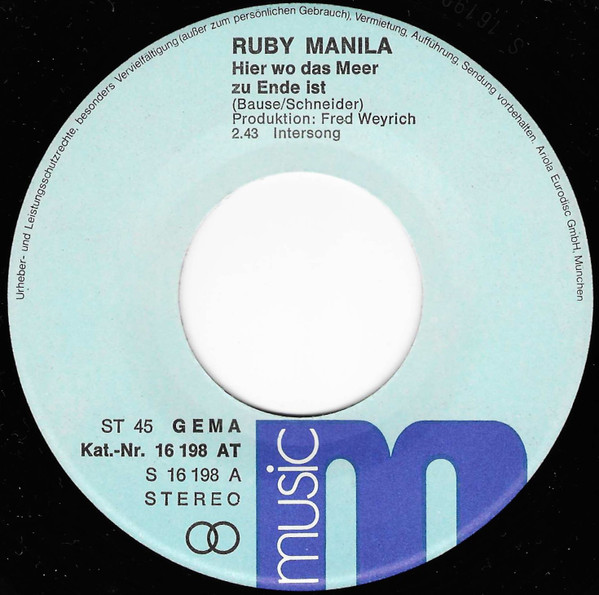 Cover zu Ruby Manila - Hier, Wo Das Meer Zu Ende Ist / Sayonara, Auf Wiederseh'n | 1975 | Vinyl | Pop | Germany Schallplatten Ankauf