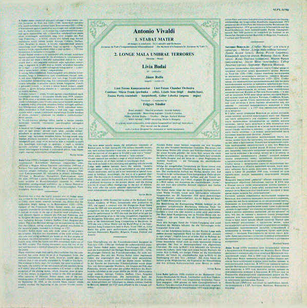 Cover zu Antonio Vivaldi - Livia Budai , Contralto, Liszt Ferenc Chamber Orchestra , Conductor Frigyes Sándor - Stabat Mater. Longe Mala Umbrae Terrores | 1975 | Vinyl | Classical | Hungary