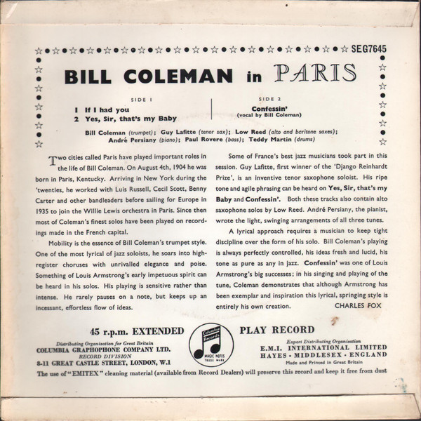 Cover zu Bill Coleman & His Orchestra - Bill Coleman In Paris | 1956 | Vinyl | Jazz | UK