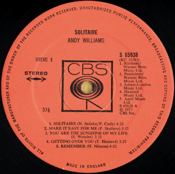 Cover zu Andy Williams - Solitaire | 1973 | Vinyl | Pop | UK