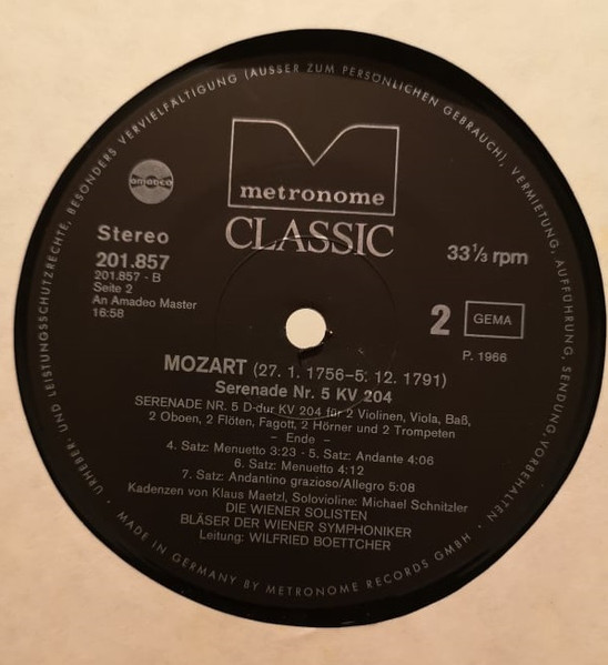 Cover zu Wolfgang Amadeus Mozart - Serenade Nr. 5 KV 204 | Vinyl | Classical | Germany Schallplatten Ankauf