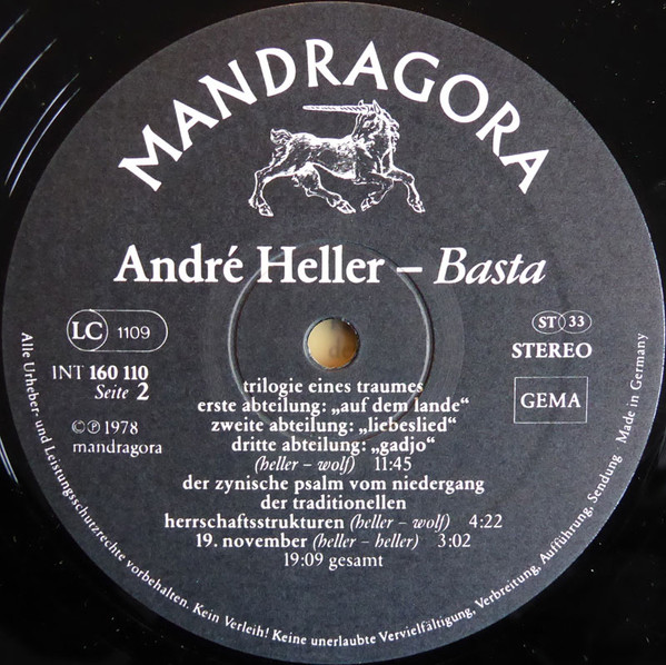 Cover zu André Heller - Basta | 1978 | Vinyl | Jazz, Rock, Pop, Folk, World, & Country | Germany