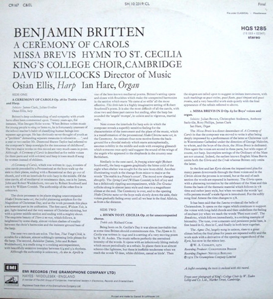 Cover zu Benjamin Britten - The King's College Choir Of Cambridge, David Willcocks, Osian Ellis, Ian Hare - A Ceremony Of Carols • Hymn To St.Cecilia • Missa Brevis | 1972 | Vinyl | Classical | UK Schallplatten Ankauf