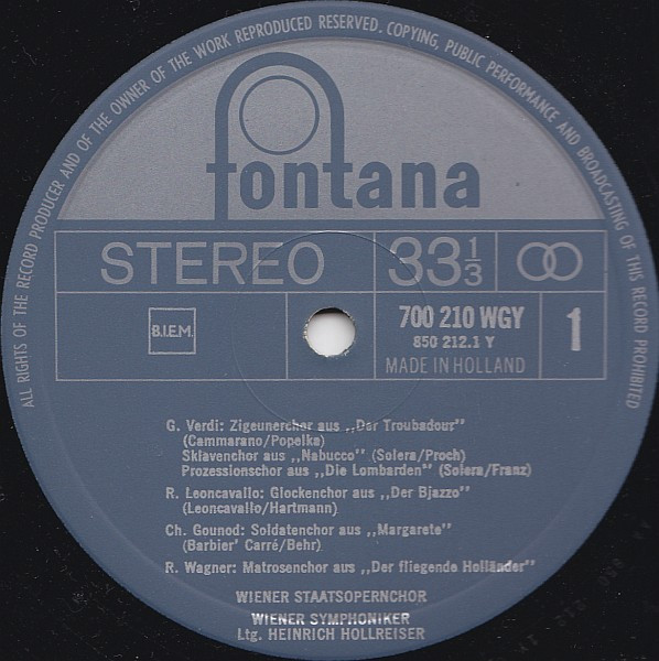 Cover zu Wiener Staatsopernchor - Wiener Kammerchor - Wiener Symphoniker - Heinrich Hollreiser - Wilhelm Loibner - Opernchöre | Vinyl | Classical | Germany