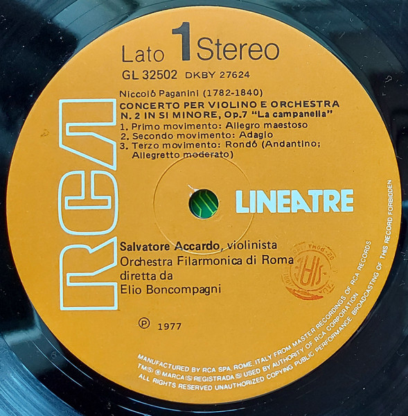 Cover zu Salvatore Accardo, Orchestra Filarmonica Di Roma, Elio Boncompagni - Accardo Suona Paganini Concerto Per Violino E Orchestra | Vinyl | Classical | Italy Schallplatten Ankauf