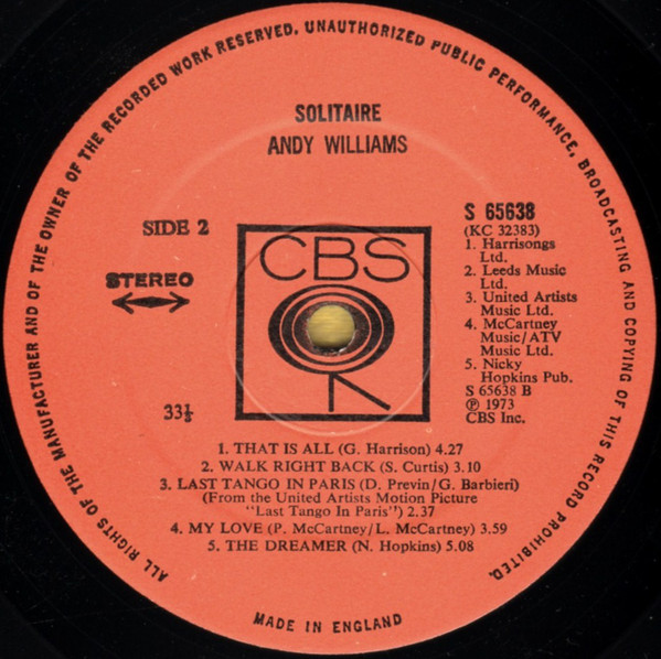 Cover zu Andy Williams - Solitaire | 1973 | Vinyl | Pop | UK Schallplatten Ankauf