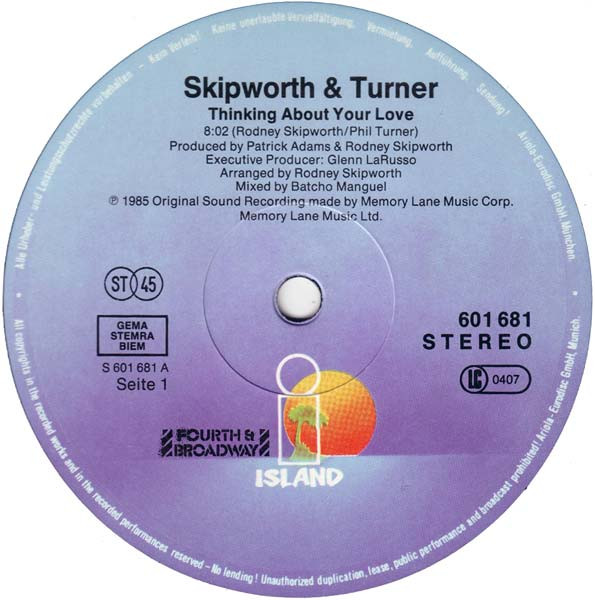 Cover zu Skipworth & Turner - Thinking About Your Love | 1985 | Vinyl | Electronic, Funk / Soul | Europe