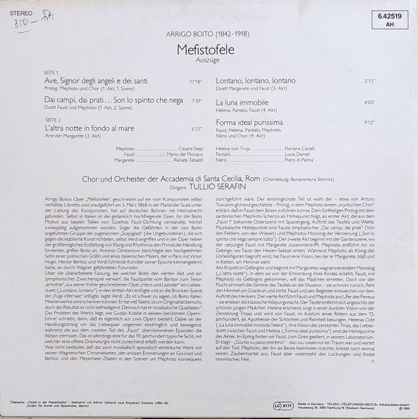 Cover zu Arrigo Boito, Cesare Siepi, Mario del Monaco, Renata Tebaldi, Floriana Cavalli, Lucia Danieli, Piero De Palma - Mefistofele / Auszüge | Vinyl | Classical | Germany Schallplatten Ankauf