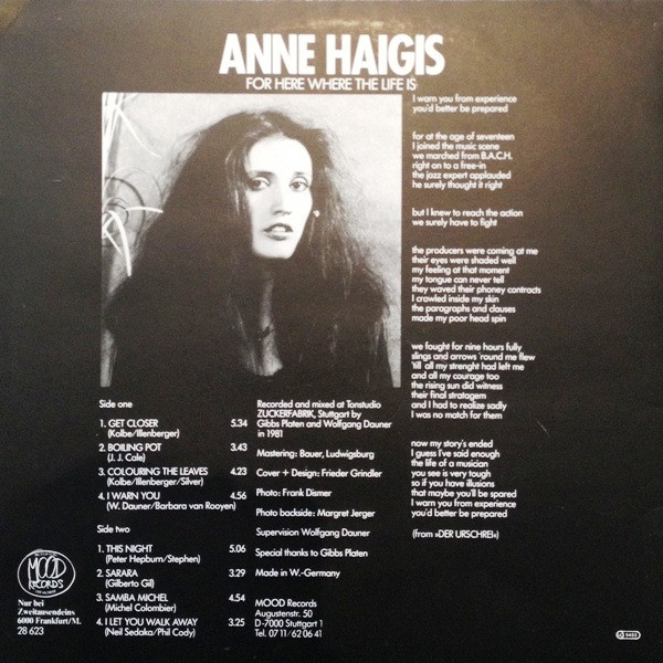 Cover zu Anne Haigis - For Here Where The Life Is | 1982 | Vinyl | Jazz, Latin, Pop | Germany