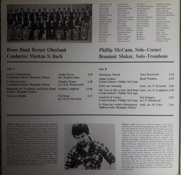 Cover zu Brass Band Berner Oberland Conductor Markus S. Bach Guest Soloists Phillip McCann, Branimir Slokar - Brass Band Berner Oberland | 1978 | Vinyl | Jazz, Brass & Military | Switzerland