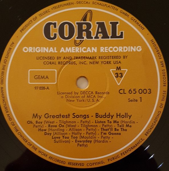 Cover zu Buddy Holly - My Greatest Songs | 1965 | Vinyl, LP, Mono, Reissue, Compilation | Rock | Germany Schallplatten Ankauf