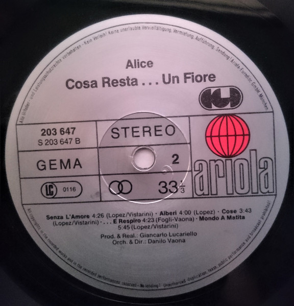 Cover zu Alice (4) - Cosa Resta....Un Fiore | 1981 | Vinyl | Pop | Germany