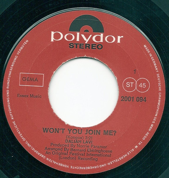 Cover zu Daliah Lavi - Won't You Join Me? / Black Paper Roses | 1970 | Vinyl | Pop | Germany Schallplatten Ankauf
