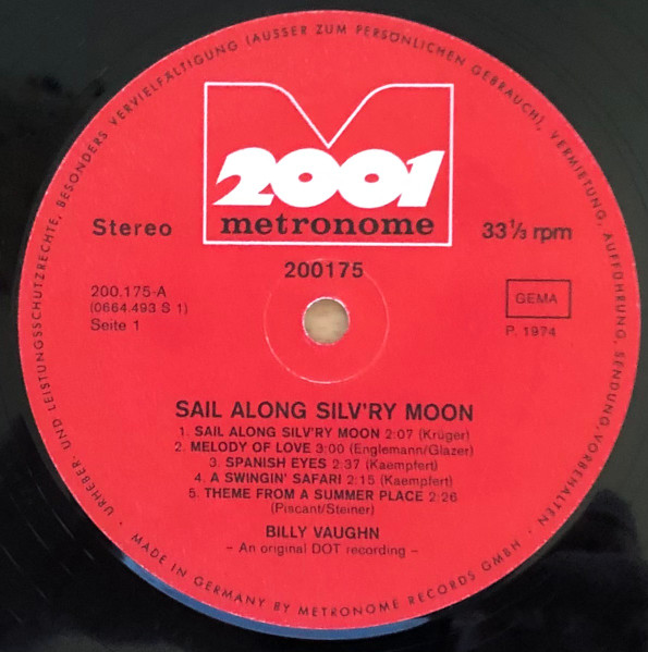 Cover zu Billy Vaughn - Sail Along Silv'ry Moon | 1974 | Vinyl, LP, Stereo, Compilation | Latin, Folk, World, & Country, Stage & Screen | Germany