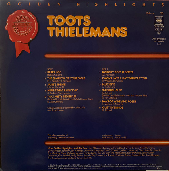 Cover zu Toots Thielemans - Golden Highlights - Volume 26 | 1985 | Vinyl, LP, Compilation, Reissue, Stereo | Jazz, Blues | Netherlands Schallplatten Ankauf