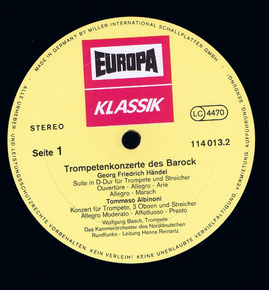 Cover zu Henry Purcell • Georg Friedrich Händel • Giuseppe Torelli • Johann Friedrich Fasch • Tomaso Albinoni, Kammerorchester Des Norddeutschen Rundfunks, Hanns Reinartz, Wolfgang Basch - T