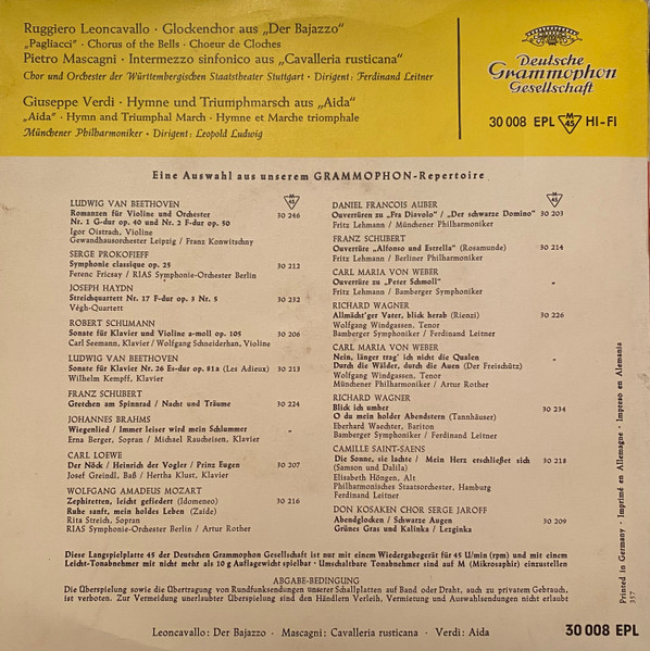 Cover zu Ruggiero Leoncavallo / Pietro Mascagni / Giuseppe Verdi - Der Bajazzo (Glockenchor) / Cavalleria Rusticana (Intermezzo Sinfonico) / Aida (Hymne Und Triumphmarsch) | 1957 | Vinyl | Classical Schallplatten Ankauf