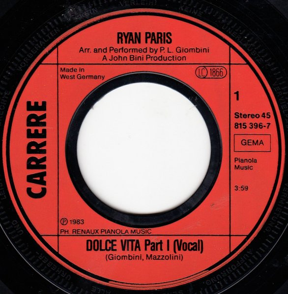 Cover zu Ryan Paris - Dolce Vita (Original Version) | 1983 | Vinyl, 7