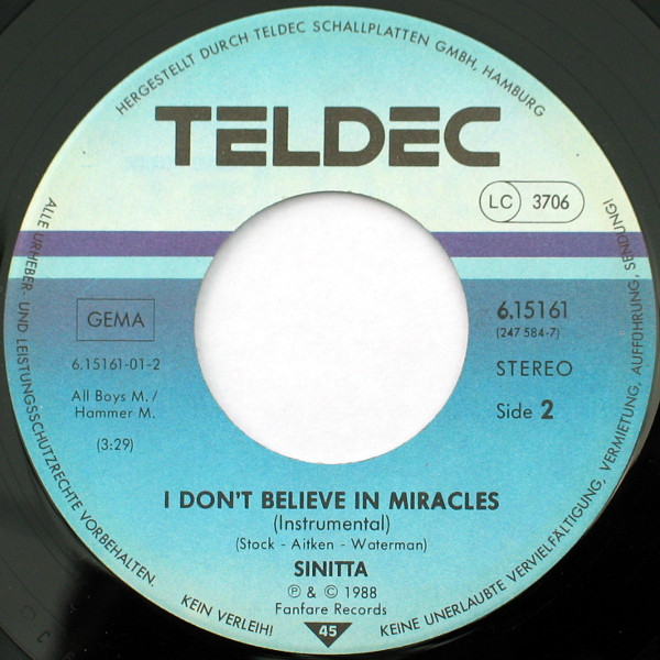 Cover zu Sinitta - I Don't Believe In Miracles (7 Inch Radio Mix) | 1988 | Vinyl | Electronic | Germany
