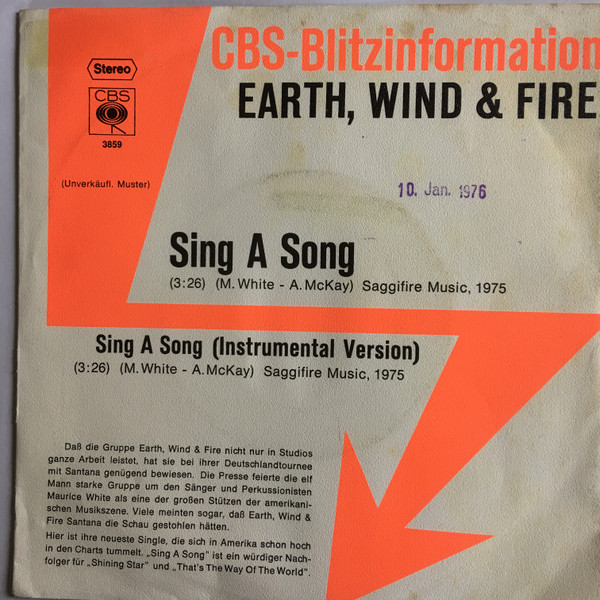 Cover zu Earth, Wind & Fire - Sing A Song | 1975 | Vinyl | Funk / Soul | Germany Schallplatten Ankauf