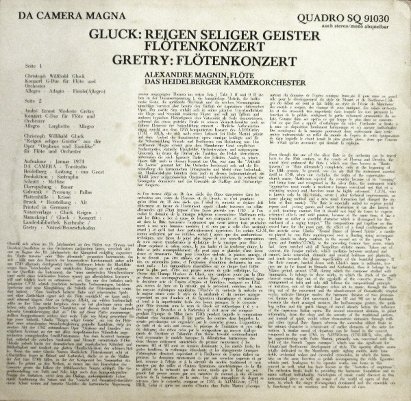 Cover zu Christoph Willibald Gluck / André-Modeste Gretry – Alexandre Magnin , Flöte - Heidelberger Kammerorchester - Reigen Seliger Geister - Flötenkonzert / Flötenkonzert | 1974 | Vinyl | Classical
