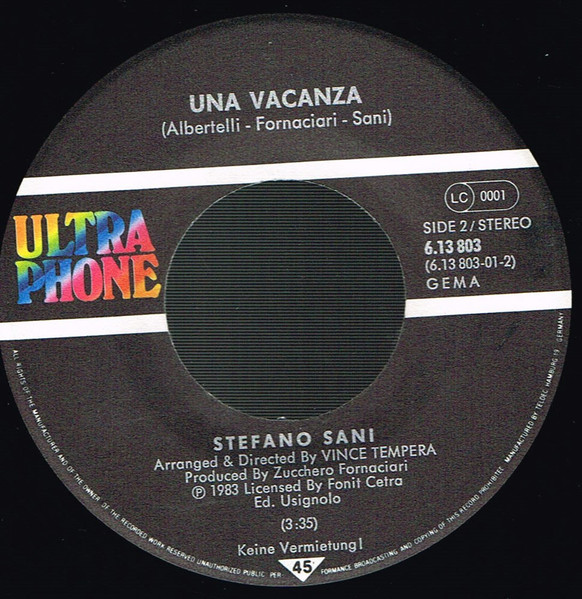 Cover zu Stefano Sani - Complimenti / Una Vacanza | 1983 | Vinyl | Pop | Germany