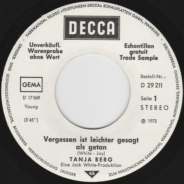 Cover zu Tanja Berg - Vergessen Ist Leichter Gesagt Als Getan | 1973 | Vinyl, 7