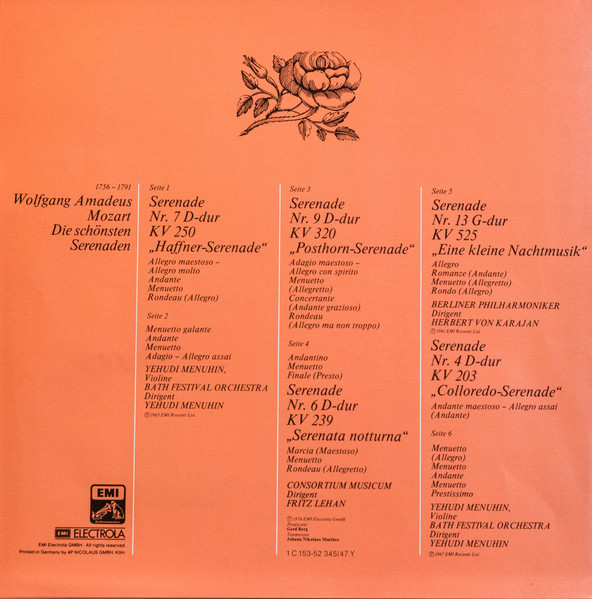 Cover zu Wolfgang Amadeus Mozart - Herbert Von Karajan, Berliner Philharmoniker · Fritz Lehan, Consortium Musicum (2) · Yehudi Menuhin, Bath Festival Orchestra - Die Schönsten Serenaden | 1978
