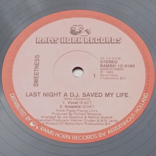 Cover zu Sweetness - Last Night A D.J. Saved My Life | 1983 | Vinyl | Electronic, Funk / Soul | Netherlands Schallplatten Ankauf