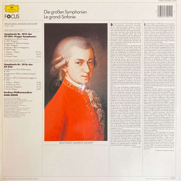 Cover zu Wolfgang Amadeus Mozart, Berliner Philharmoniker, Karl Böhm - Mozart: Symphonien Nr. 38 D-Dur »Prager« • Nr. 39 Es-Dur | 1987 | Vinyl | Classical | Germany Schallplatten Ankauf