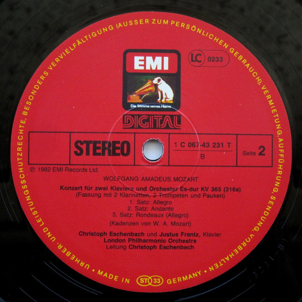 Cover zu Wolfgang Amadeus Mozart, Christoph Eschenbach, Justus Frantz, Helmut Schmidt, London Philharmonic Orchestra - Konzerte Für Zwei & Drei Klaviere | 1982 | Vinyl | Classical | UK & Europe