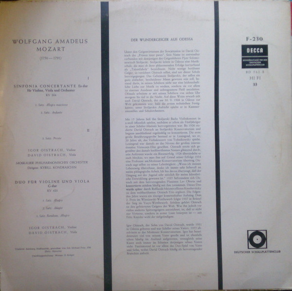 Cover zu Wolfgang Amadeus Mozart - Igor Oistrach Und David Oistrach - Moscow Philharmonic Orchestra, Kiril Kondrashin - Sinfonia Concertante | Vinyl | Classical | Germany Schallplatten Ankauf