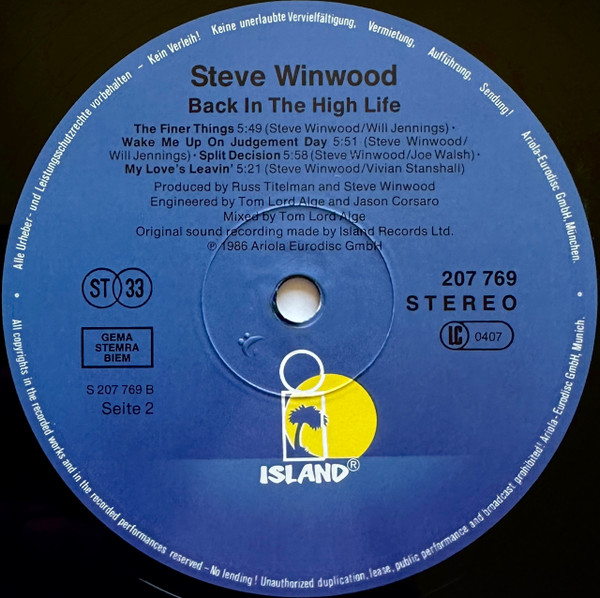 Cover zu Steve Winwood - Back In The High Life | 1986 | Vinyl | Electronic, Rock | Europe