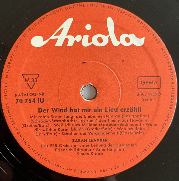 Cover zu Zarah Leander - Der Wind Hat Mir Ein Lied Erzählt | Vinyl, LP, Compilation | Jazz, Pop | Germany