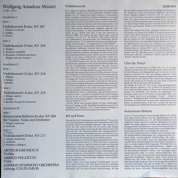 Cover zu Wolfgang Amadeus Mozart - Arthur Grumiaux, Arrigo Pelliccia, London Symphony Orchestra, Sir Colin Davis - 5 Violinkonzerte / Sinfonia Concertante Kv 364 | Vinyl | Classical | Germany