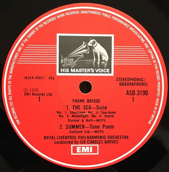 Cover zu Frank Bridge - Sir Charles Groves, Royal Liverpool Philharmonic Orchestra - The Sea / Summer / Cherry Ripe / Enter Spring / Lament | 1976 | Vinyl, LP, Stereo, Quadraphonic | Classical | UK