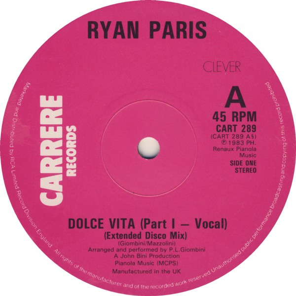 Cover zu Ryan Paris - Dolce Vita (Extended Disco Mix) | 1983 | Vinyl | Electronic | UK Schallplatten Ankauf