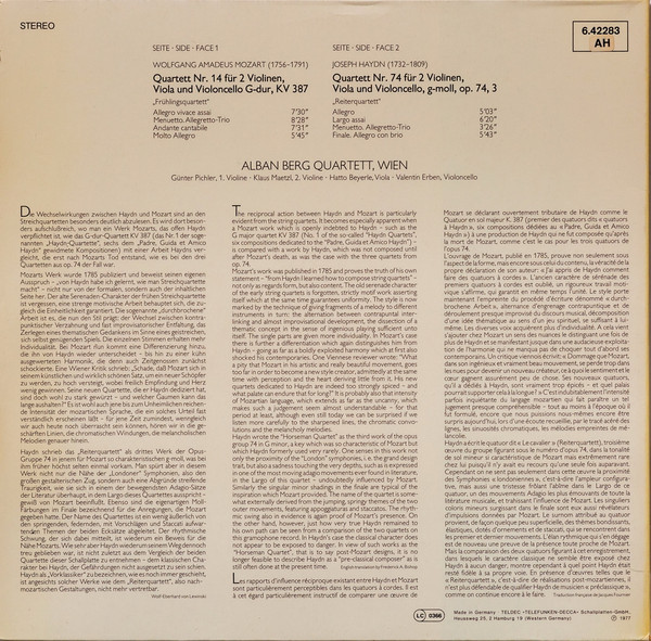 Cover zu Wolfgang Amadeus Mozart / Joseph Haydn - Alban Berg Quartett - »Frühlingsquartett« / »Reiterquartett« | 1977 | Vinyl | Classical | Germany