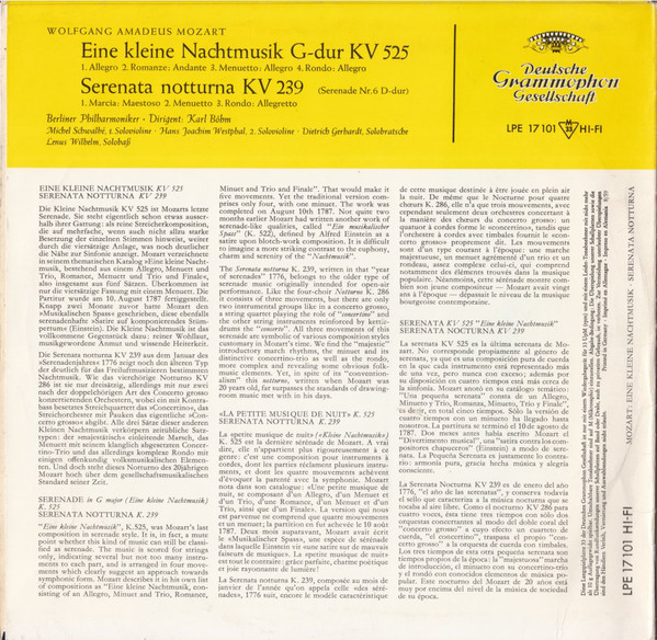 Cover zu Wolfgang Amadeus Mozart - Berliner Philharmoniker, Karl Böhm - Eine Kleine Nachtmusik G-dur KV 525 / Serenata Notturna KV 239 | 1959 | Vinyl | Classical | Germany