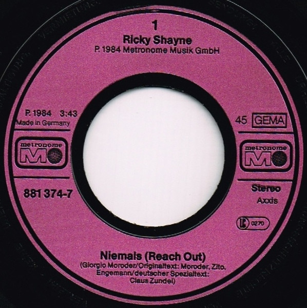 Cover zu Ricky Shayne - Niemals (Reach Out) | 1984 | Vinyl, 7