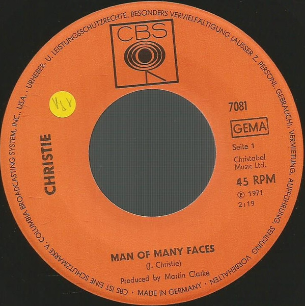 Cover zu Christie - Man Of Many Faces / Country Sam | 1971 | Vinyl | Rock | Germany Schallplatten Ankauf