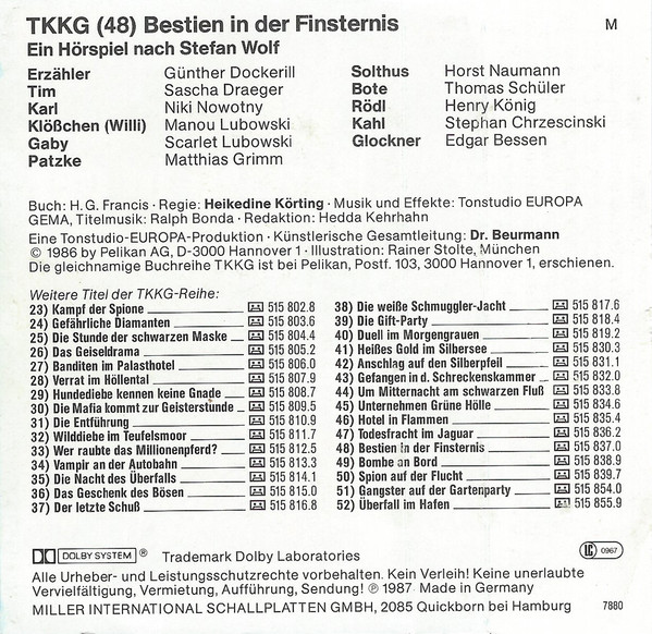 Cover zu Stefan Wolf - TKKG 48 - Bestien In Der Finsternis | 1987 | Vinyl | Non-Music | Germany