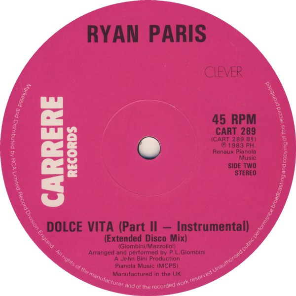 Cover zu Ryan Paris - Dolce Vita (Extended Disco Mix) | 1983 | Vinyl | Electronic | UK