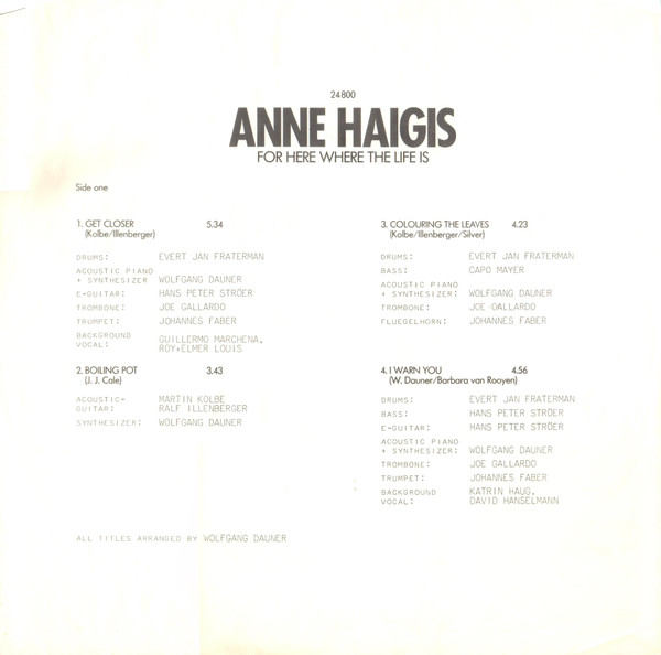 Cover zu Anne Haigis - For Here Where The Life Is | 1981 | Vinyl | Jazz, Latin, Pop | Germany Schallplatten Ankauf