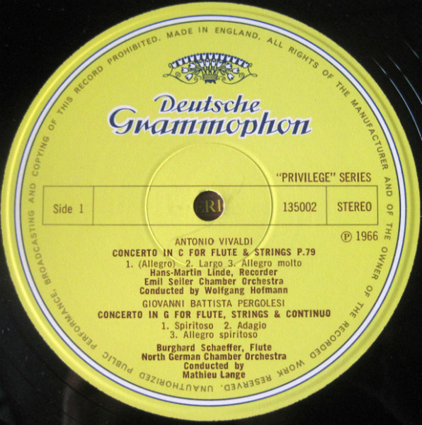Cover zu Antonio Vivaldi • Giovanni Battista Pergolesi • Jean-Marie Leclair - Robert Woodcock, Hans-Martin Linde, Burghard Schaeffer - Baroque Flute Concertos | 1966 | Vinyl | Classical | UK