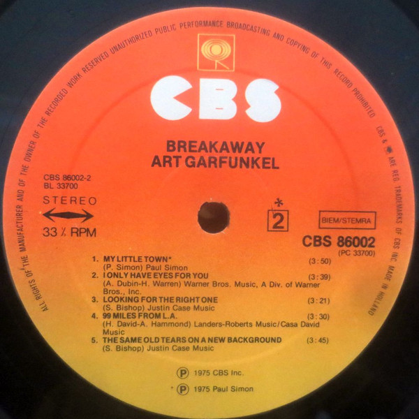 Cover zu Art Garfunkel - Breakaway | 1975 | Vinyl, LP, Album, Stereo | Rock, Pop | Europe Schallplatten Ankauf
