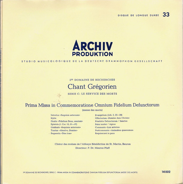 Cover zu Chor Der Mönche Der Benediktiner-Erzabtei St. Martin, Beuron ‧ Leitung: Pater Maurus Pfaff - Prima Missa In Commemoratione Omnium Fidelium Defunctorum (Totenmesse) | 1954 | Vinyl | Classical