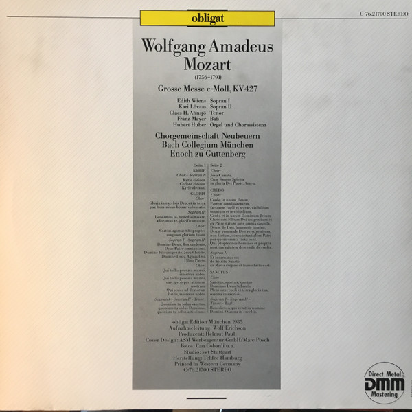 Cover zu Wolfgang Amadeus Mozart - Chorgemeinschaft Neubeuern, Bach-Collegium München, Enoch zu Guttenberg - Große Messe C-Moll, KV 427 | 1985 | Vinyl | Classical | Germany